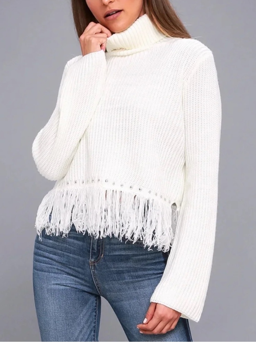 Lulu's Cream Turtleneck Fringe Sweater with Stud Detail